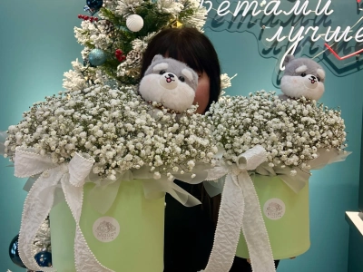 Композиция М « Гипсофила+ брелок собачка» 🐶