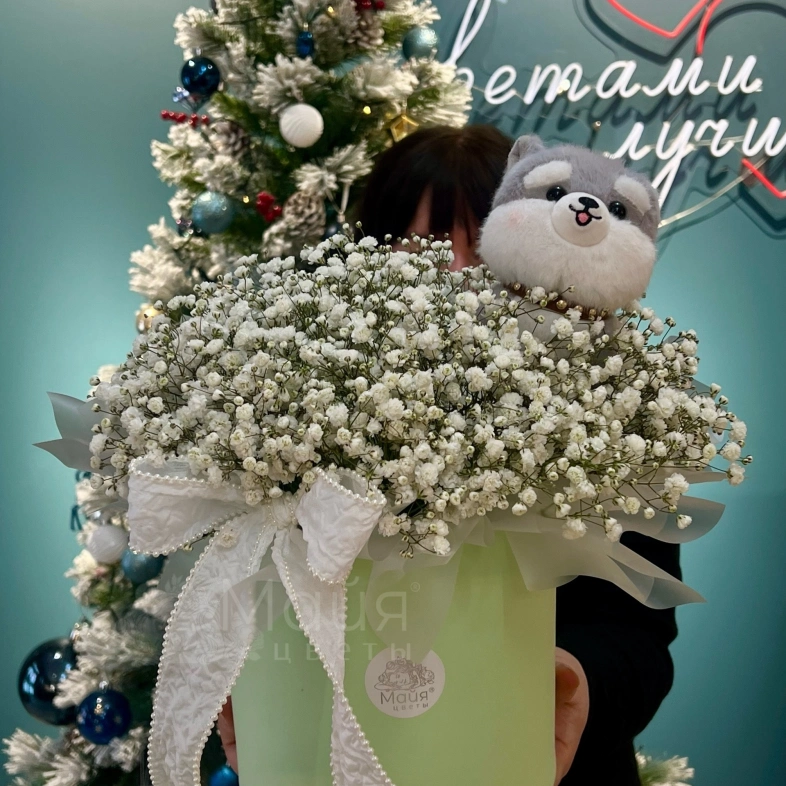 Композиция М &laquo; Гипсофила+ брелок собачка&raquo; 🐶