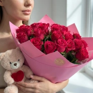 Сет из 17 Эквадорских роз и плюшевым мишкой. 0