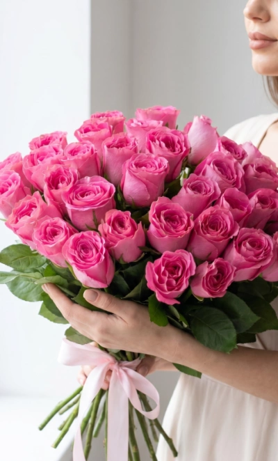 Букет из 35 розовых Кенийский роз 40 см. в тканевой ленте