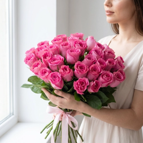 Букет из 35 розовых Кенийский роз 40 см. в тканевой ленте