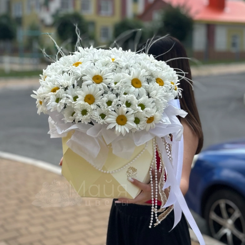 Коробка с хризантемой и ромашками